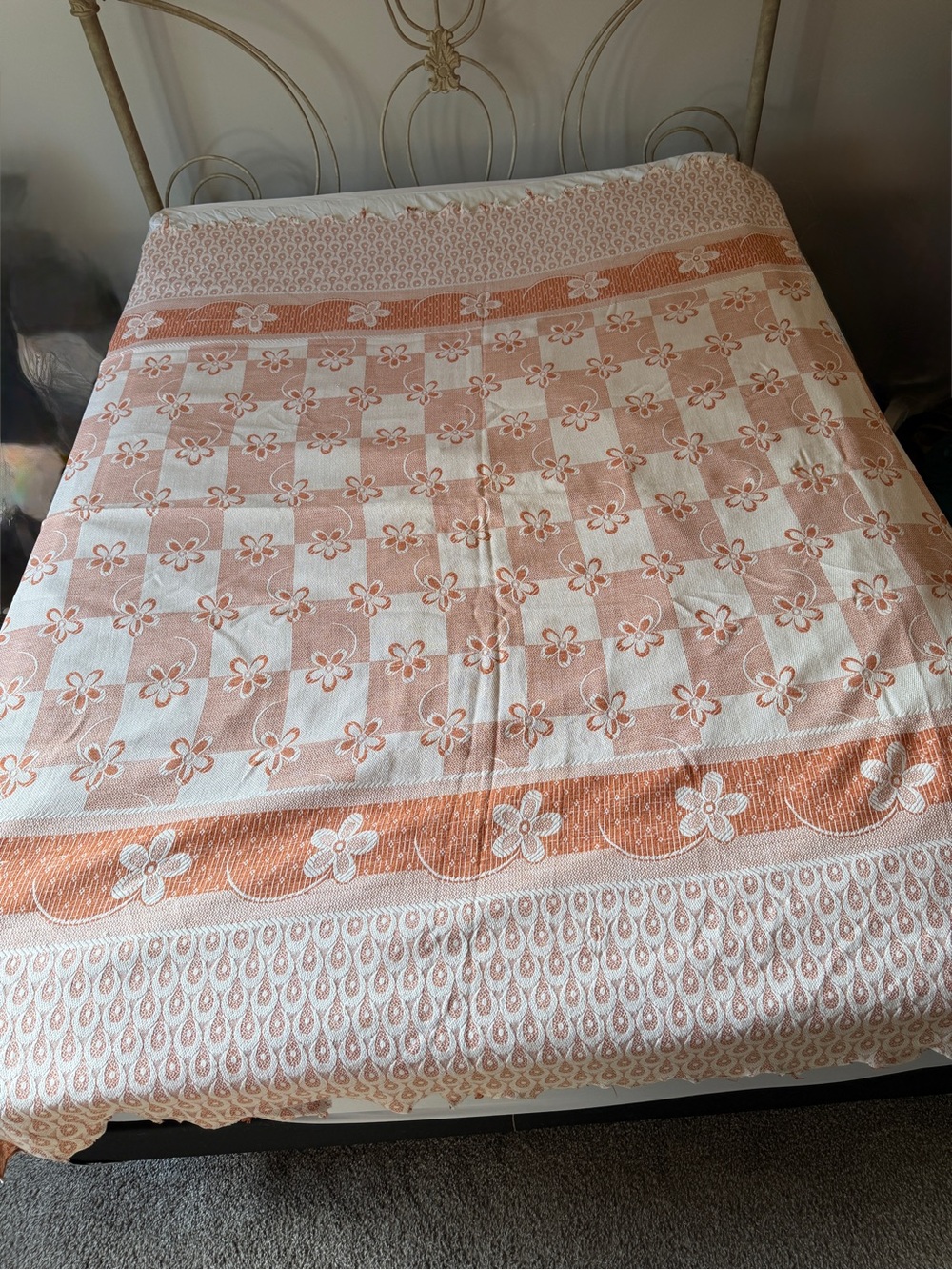 Vintage Mid-Century Woven Bedspread / Coverlet - Terracotta Floral Checkerboard